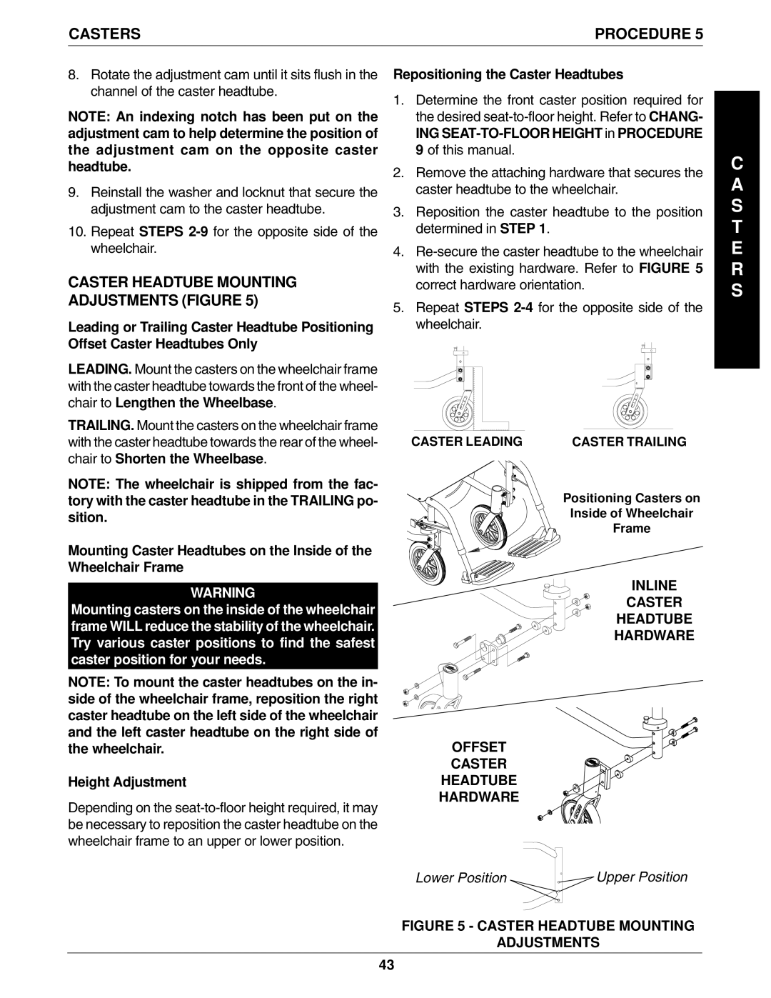 Invacare 1061057 manual Caster Headtube Mounting Adjustments Figure, Height Adjustment, Repositioning the Caster Headtubes 