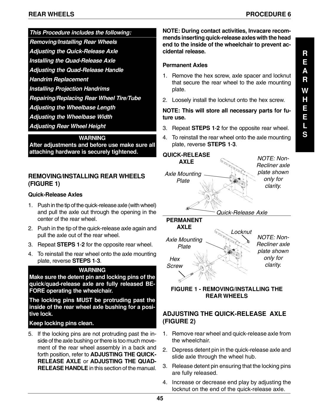 Invacare 1061057, 96-100 manual A R, REMOVING/INSTALLING Rear Wheels Figure, Adjusting the QUICK-RELEASE Axle Figure 