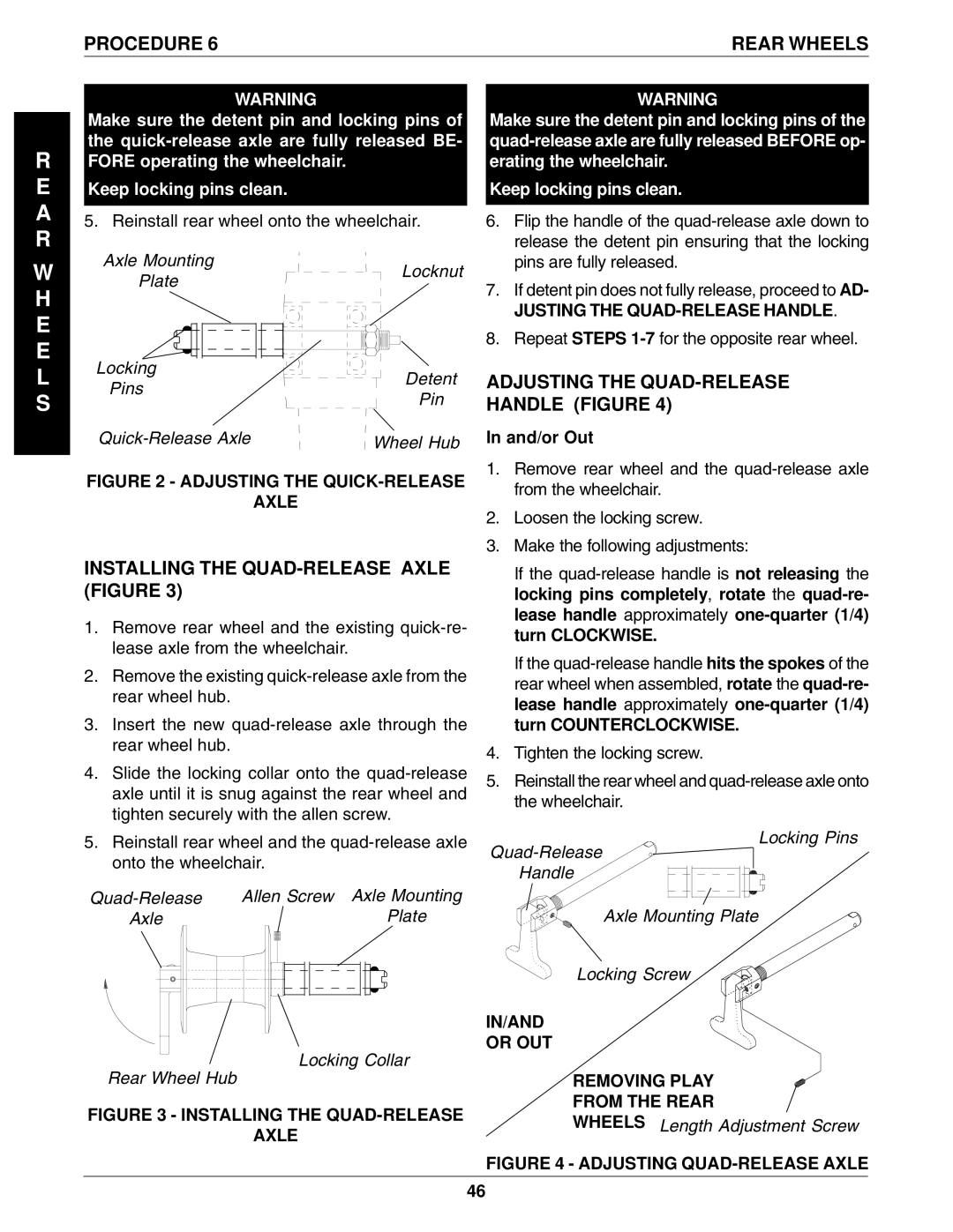 Invacare 96-100, 1061057 Installing the QUAD-RELEASE Axle Figure, Adjusting the QUAD-RELEASE Handle Figure, And/or Out 