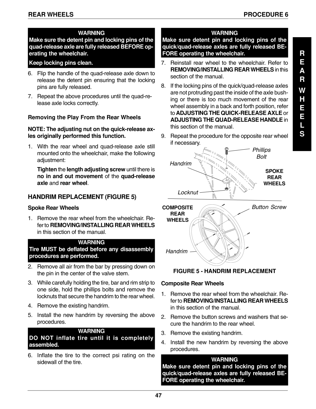 Invacare 1061057, 96-100 manual Handrim Replacement Figure, Removing the Play From the Rear Wheels, Spoke Rear Wheels 