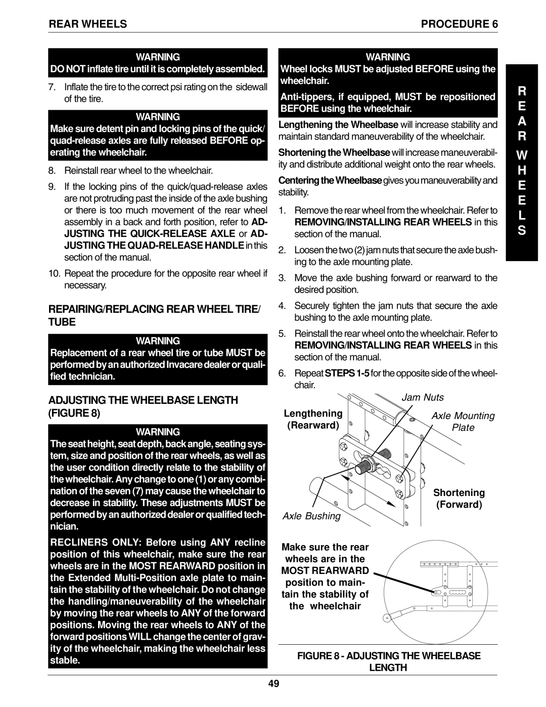 Invacare 1061057 REPAIRING/REPLACING Rear Wheel TIRE/ Tube, Adjusting the Wheelbase Length Figure, Jam Nuts, Axle Bushing 