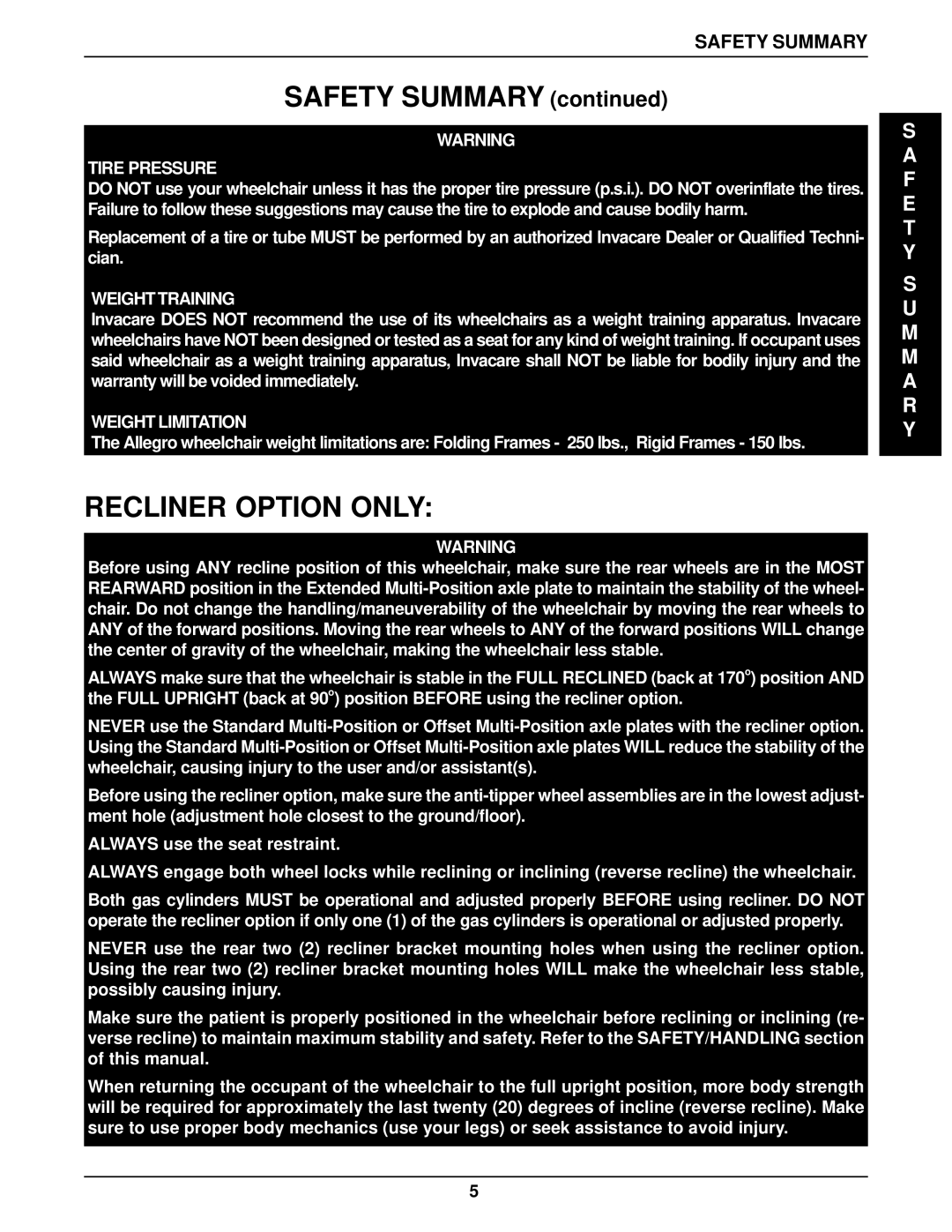 Invacare 1061057, 96-100 manual Safety Summary, Recliner Option only 