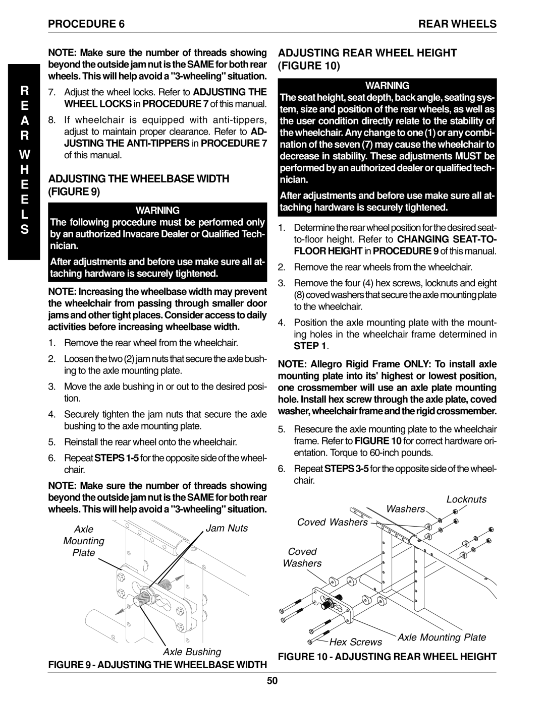 Invacare 96-100, 1061057 Adjusting the Wheelbase Width Figure, Adjusting Rear Wheel Height Figure, Axle, Mounting Plate 