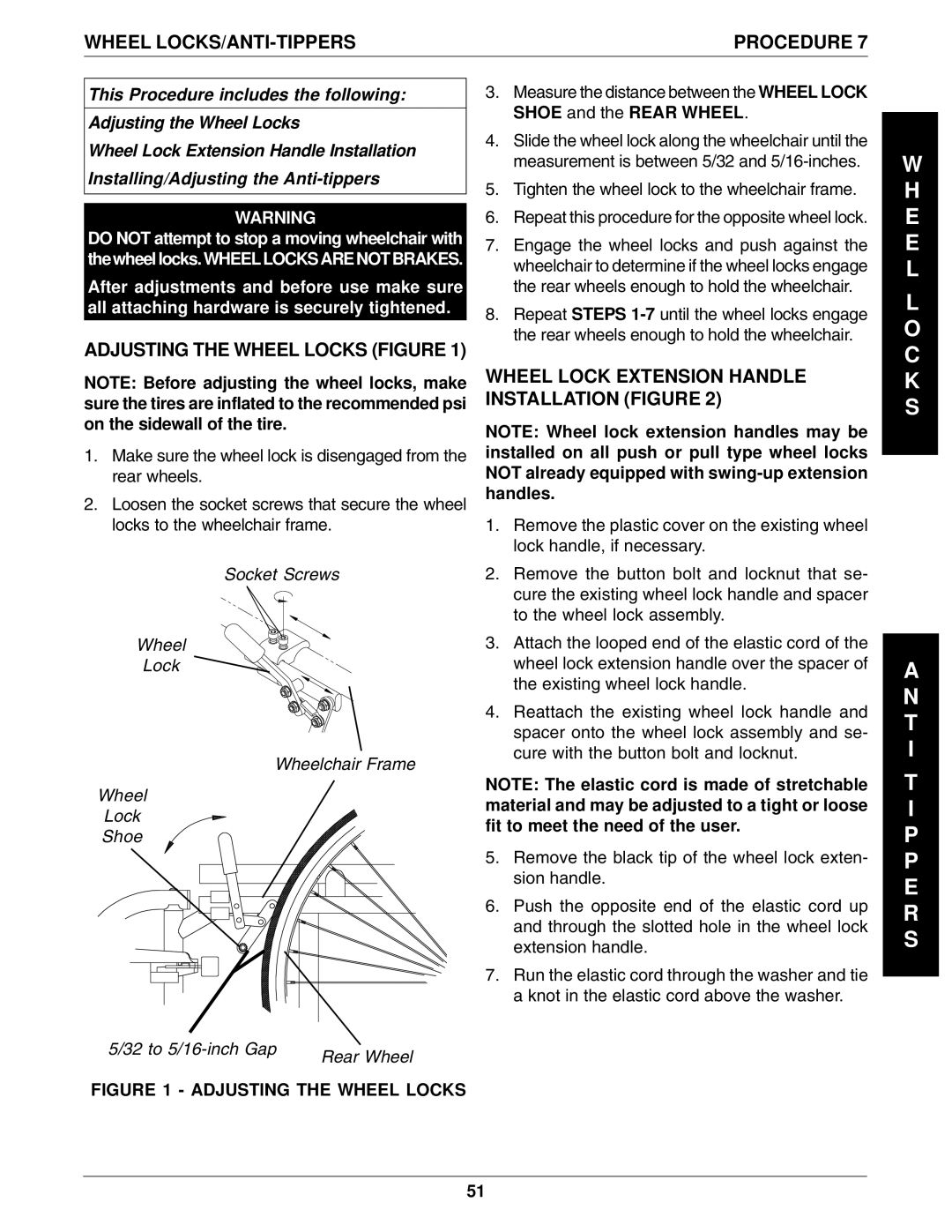 Invacare 1061057, 96-100 manual E E L K S E R S, Wheel LOCKS/ANTI-TIPPERS, Adjusting the Wheel Locks Figure 