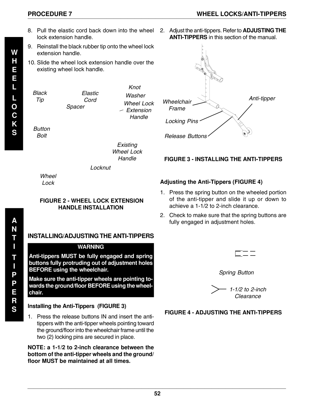 Invacare 96-100, 1061057 manual Procedure Wheel LOCKS/ANTI-TIPPERS, INSTALLING/ADJUSTING the ANTI-TIPPERS 