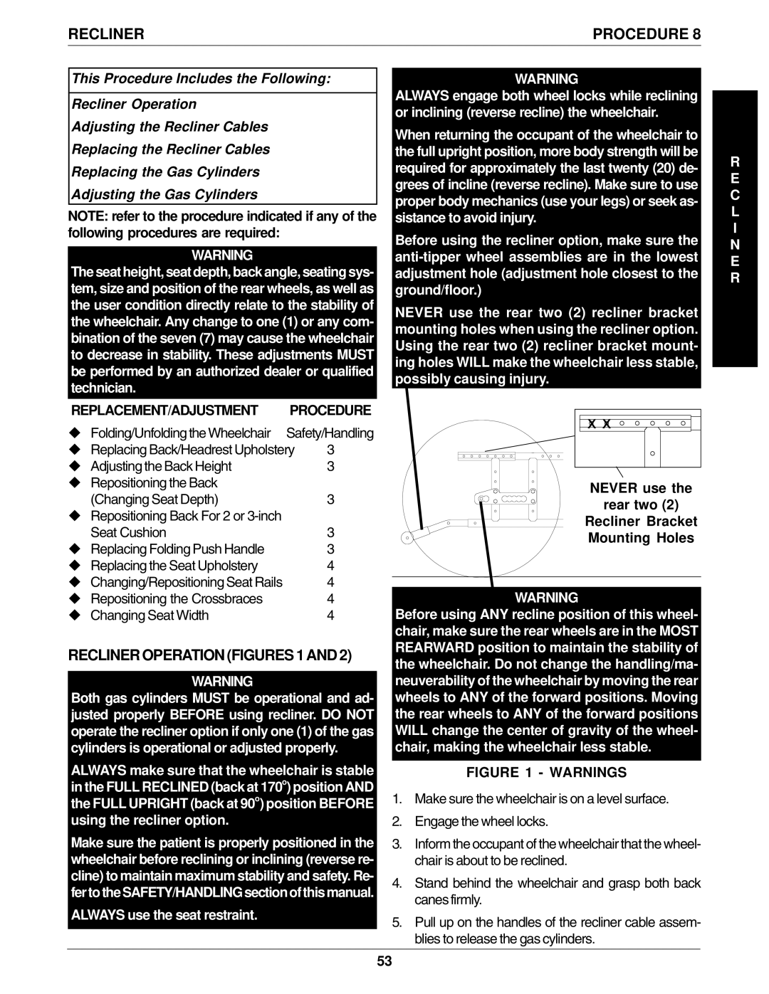 Invacare 1061057, 96-100 manual Recliner Operation Figures 1, Replacement/Adjustment, Folding/Unfolding the Wheelchair 