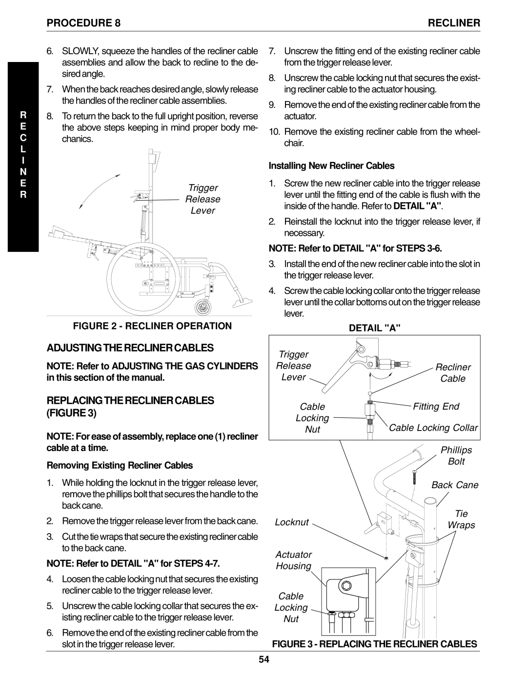 Invacare 96-100, 1061057 manual Trigger Release Lever, Removing Existing Recliner Cables, Installing New Recliner Cables 