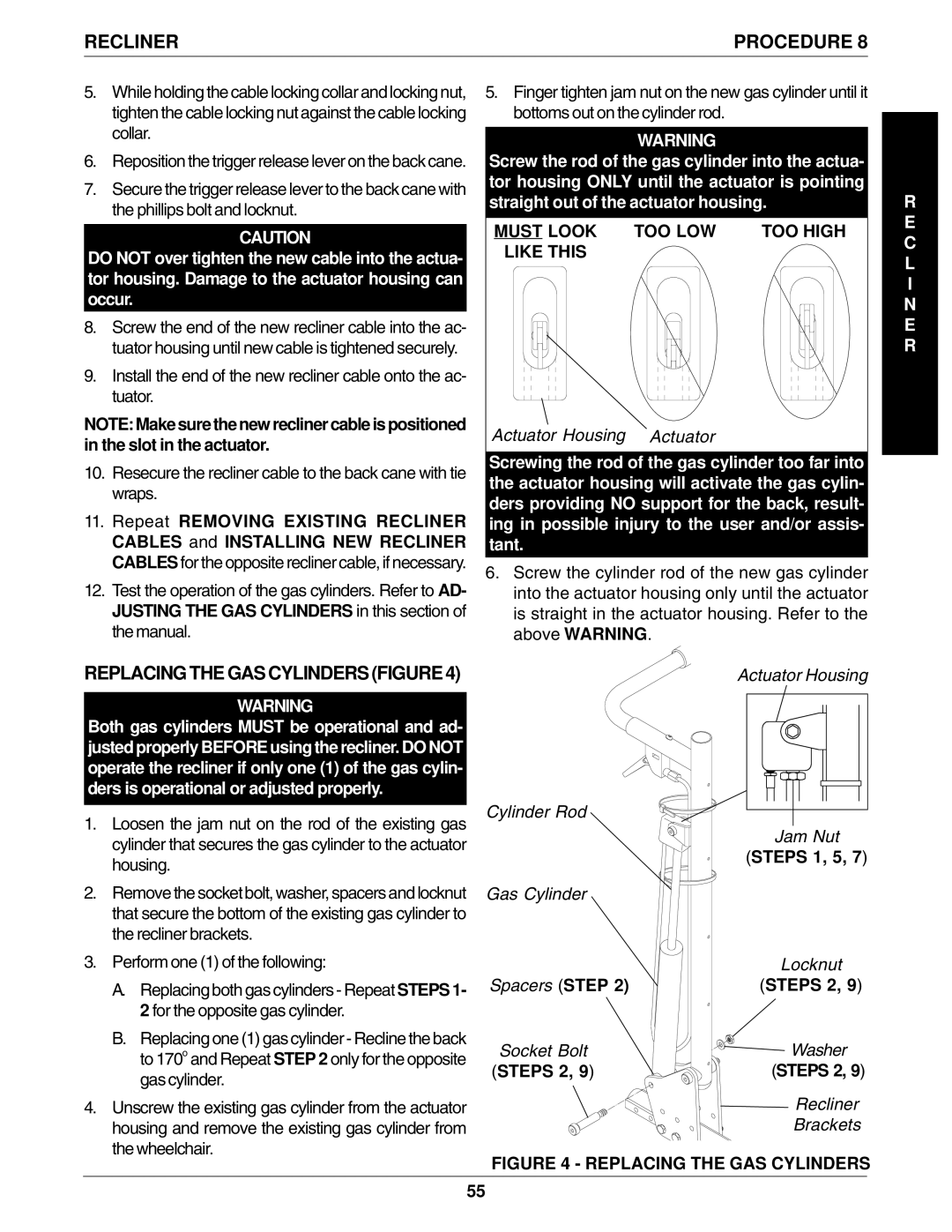 Invacare 1061057, 96-100 manual Replacing the GAS Cylinders Figure, Must Look TOO LOW, Like this, Steps 1, 5 