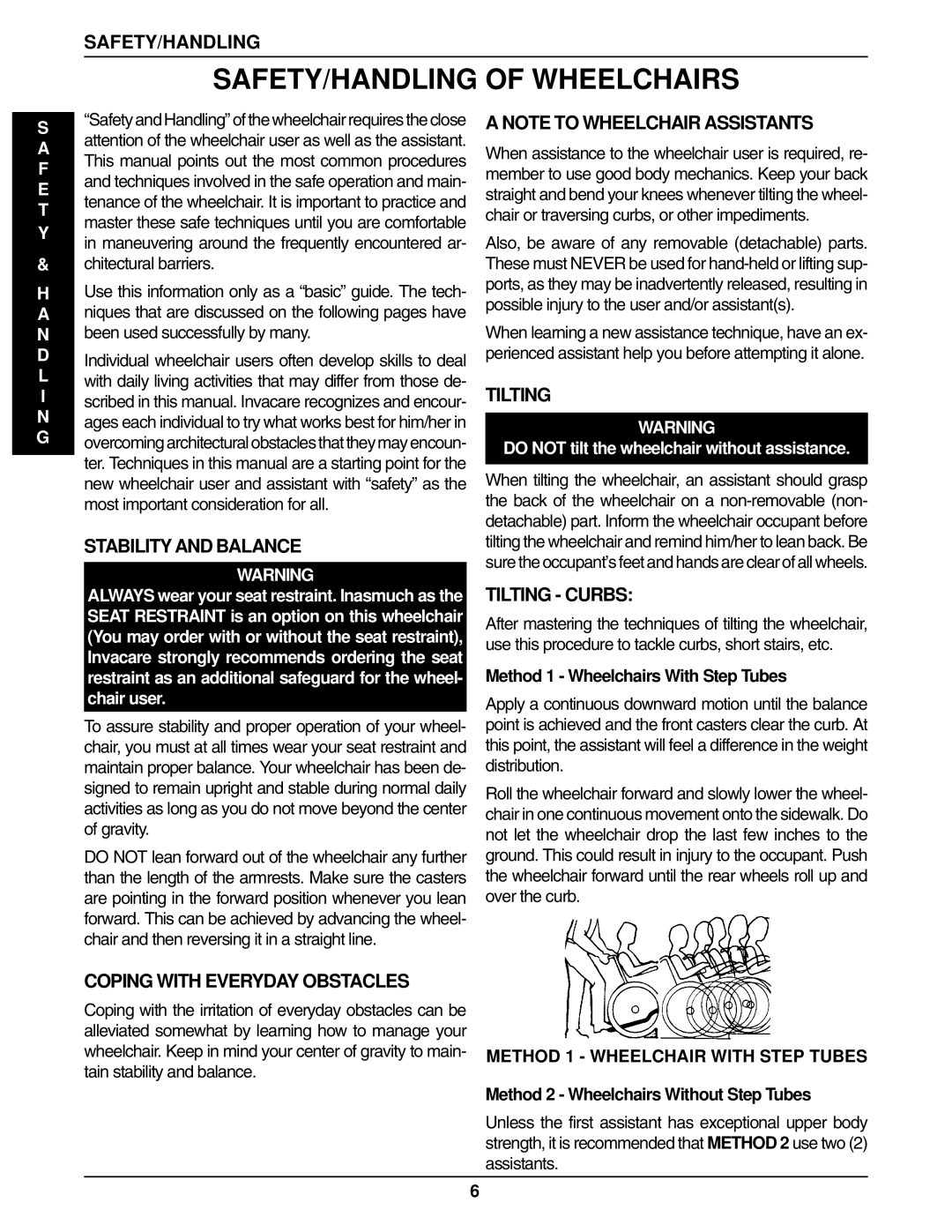 Invacare 96-100, 1061057 manual SAFETY/HANDLING of Wheelchairs 