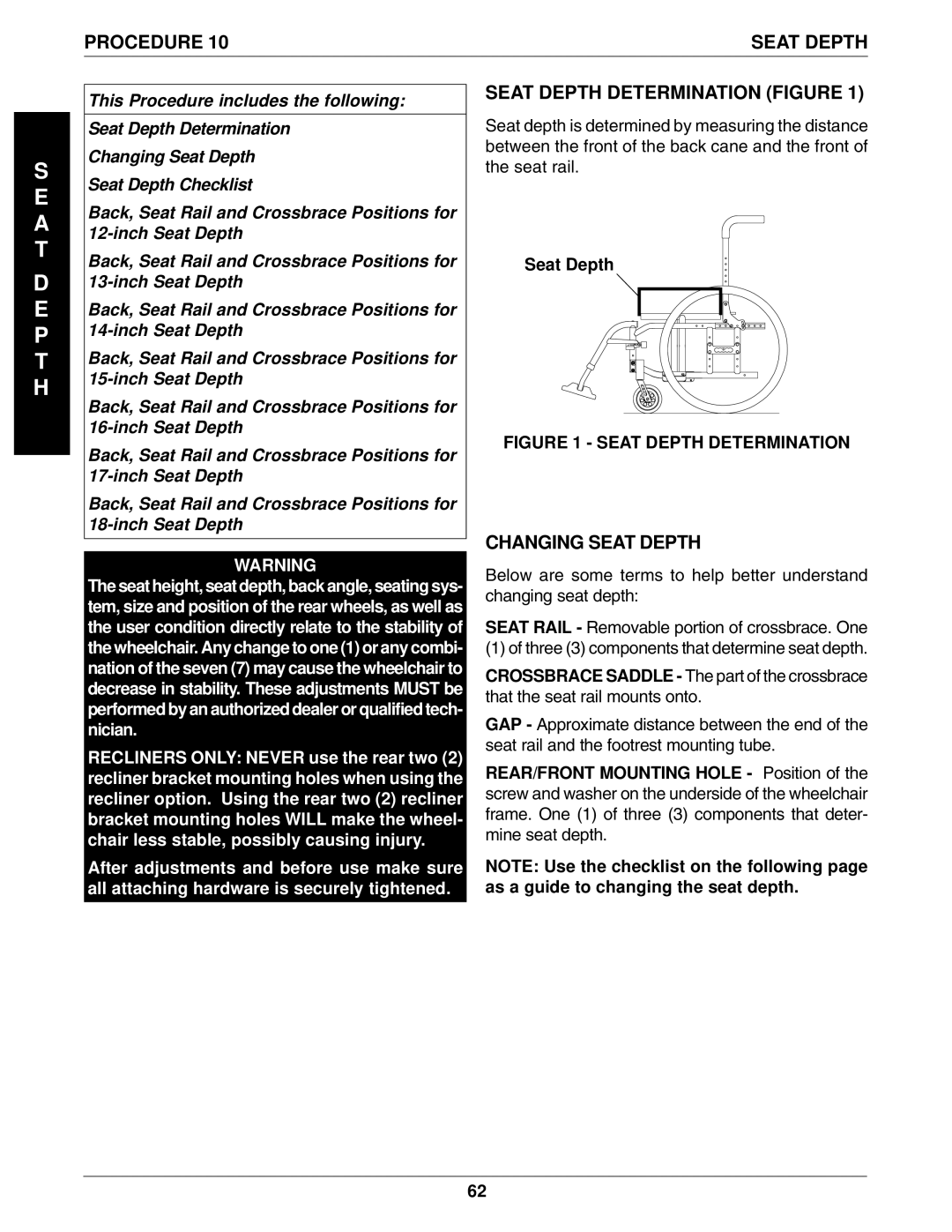 Invacare 96-100, 1061057 manual A T P T H, Seat Depth Determination Figure, Changing Seat Depth 