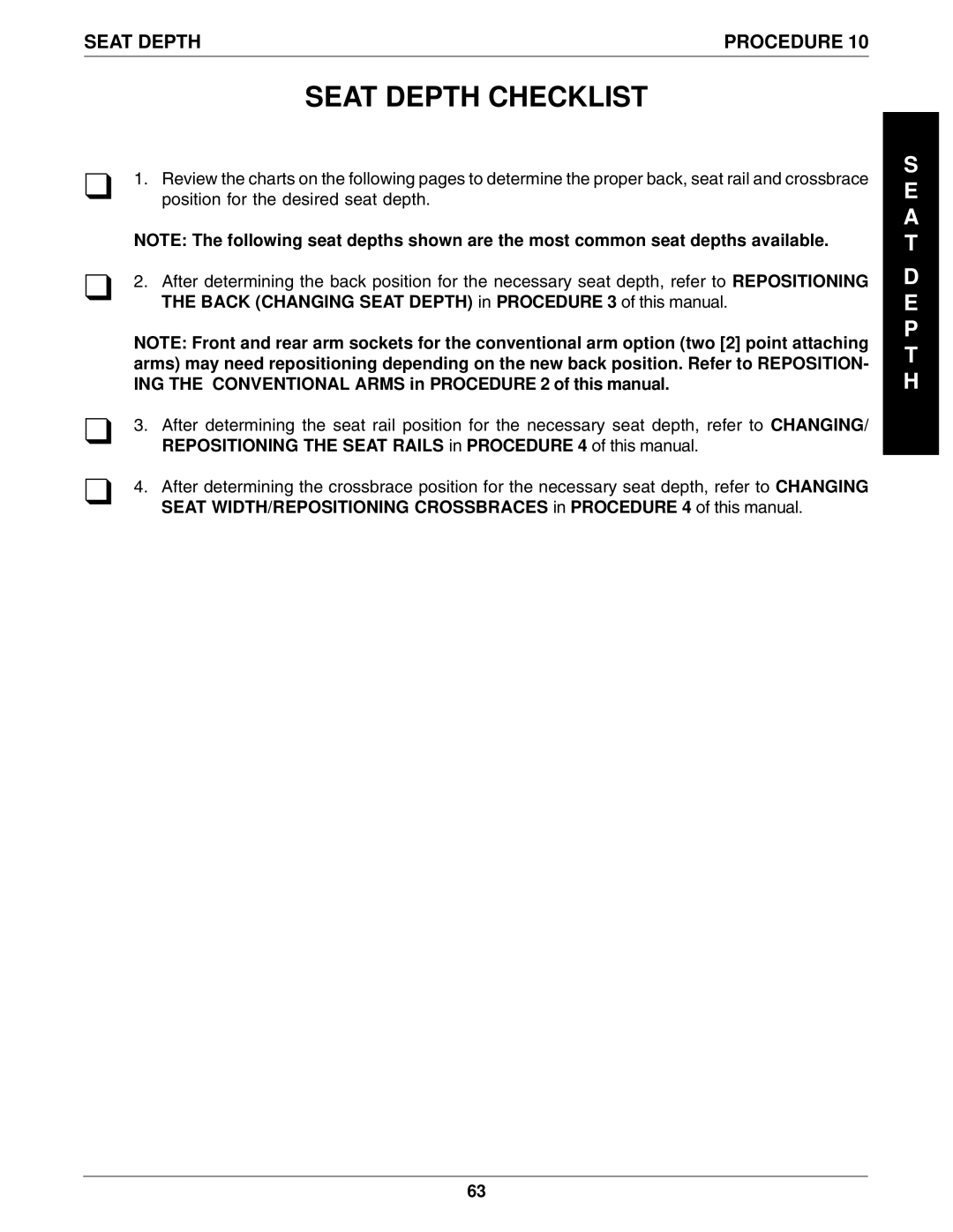 Invacare 1061057, 96-100 manual Seat Depth Checklist 