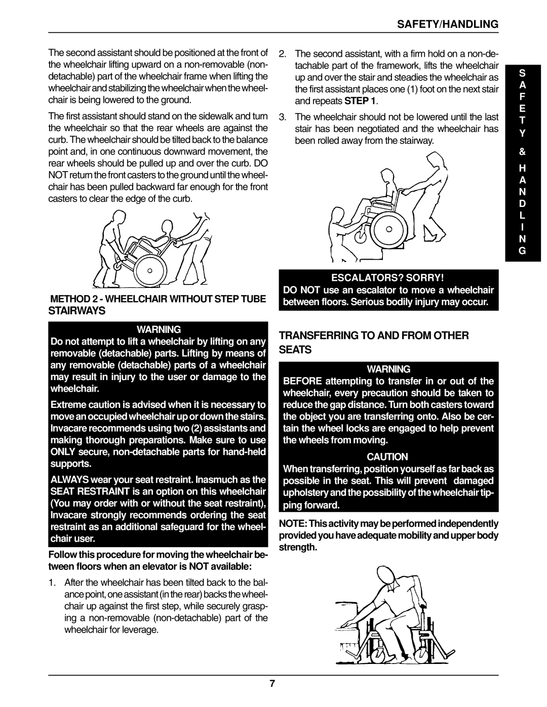 Invacare 1061057, 96-100 manual Stairways, Transferring to and from Other Seats 