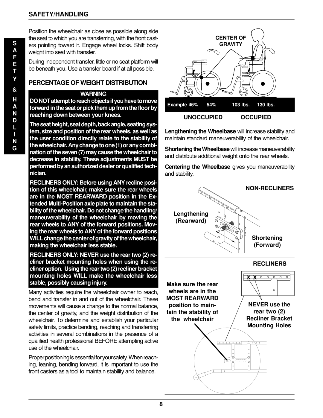 Invacare 96-100, 1061057 manual Percentage of Weight Distribution, Unoccupied Occupied, Non-Recliners 