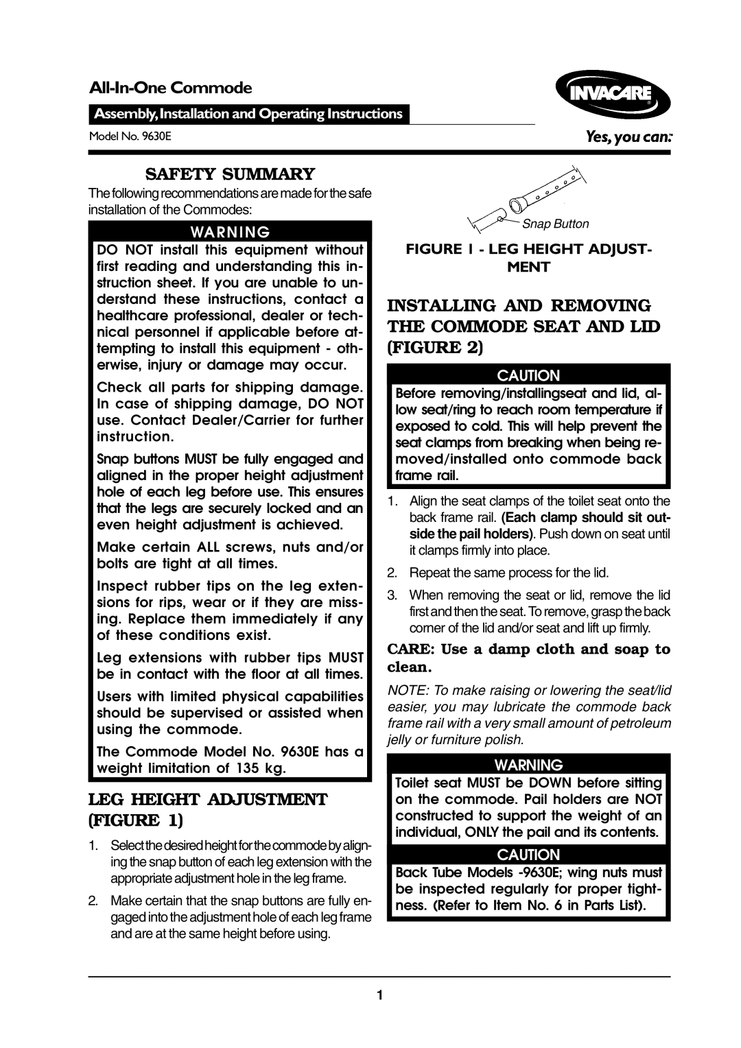 Invacare 9630E operating instructions Safety Summary, LEG Height Adjustment Figure 