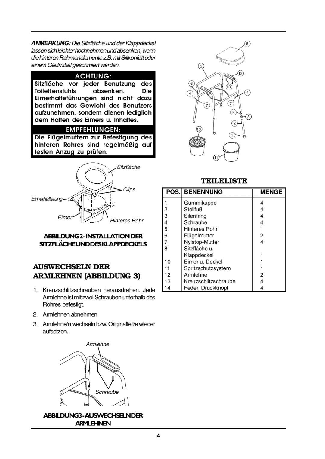 Invacare 9630E operating instructions Teileliste, Empfehlungen, POS Benennung Menge 