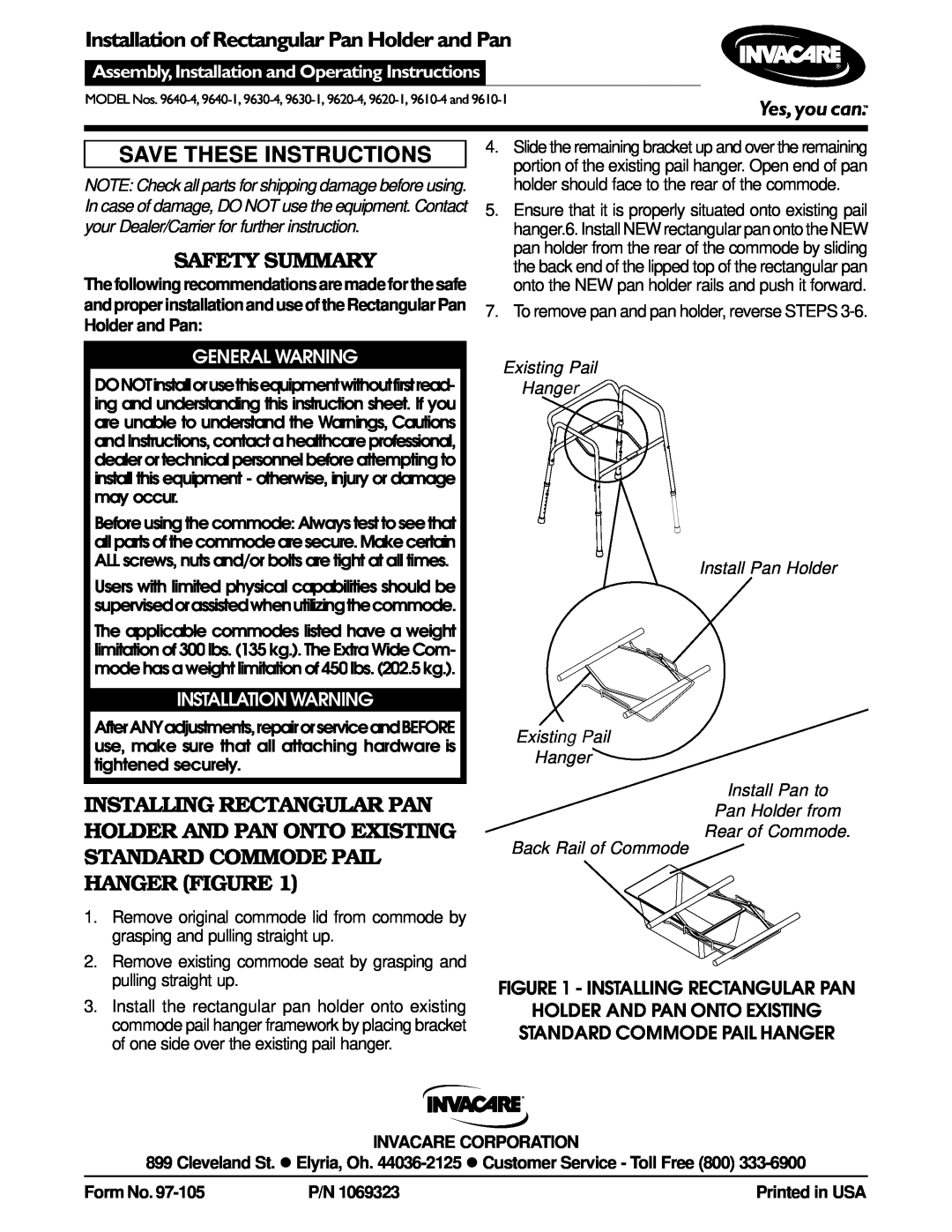 Invacare 9630-4 instruction sheet Installation of Rectangular Pan Holder and Pan, Save These Instructions, Safety Summary 