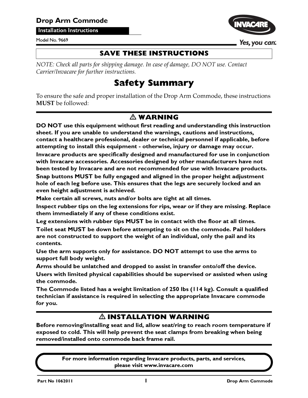 Invacare 9669 installation instructions Safety Summary, Drop Arm Commode 