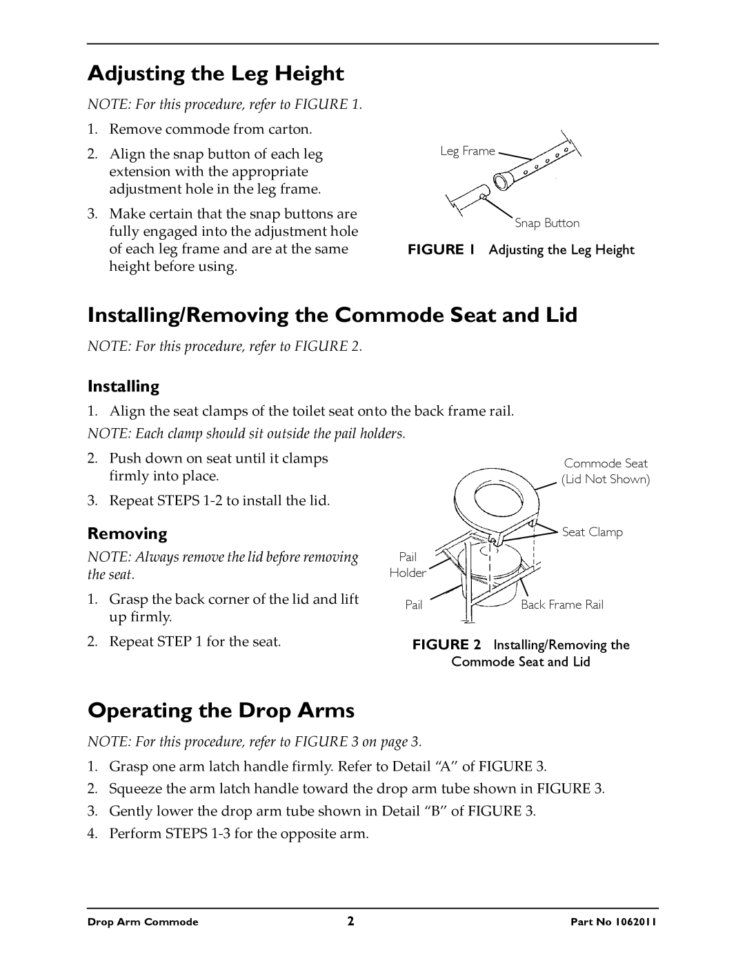 Invacare 9669 Adjusting the Leg Height, Installing/Removing the Commode Seat and Lid, Operating the Drop Arms 