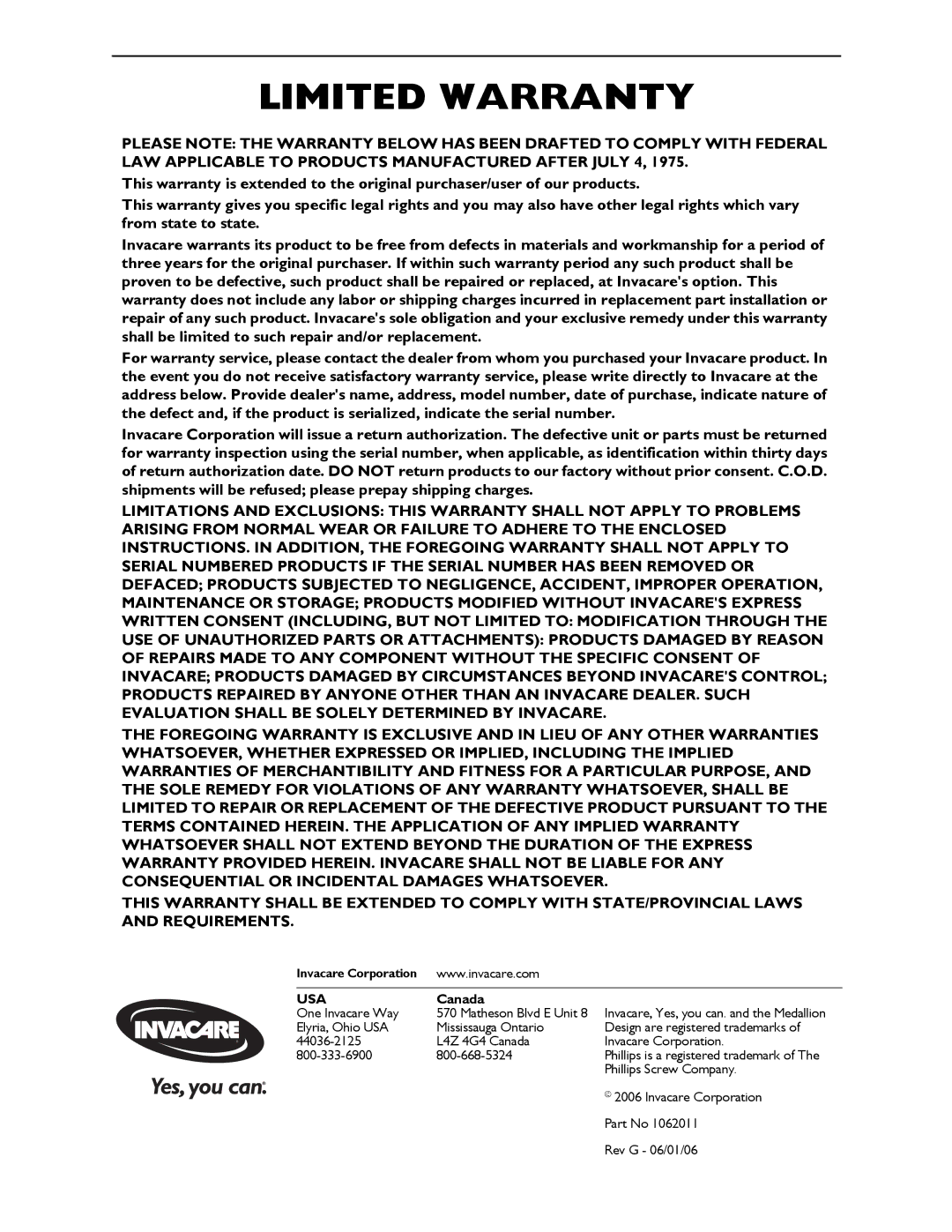 Invacare 9669 installation instructions Limited Warranty 