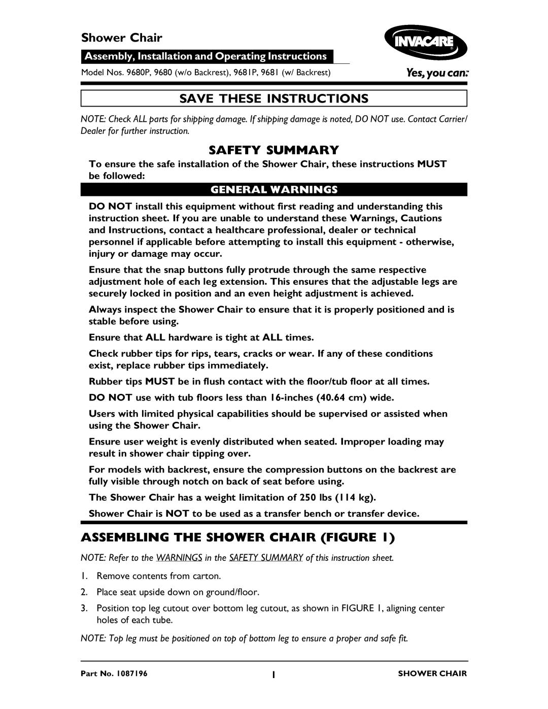 Invacare 9681P, 9680P operating instructions Safety Summary, Assembling the Shower Chair Figure, General Warnings 