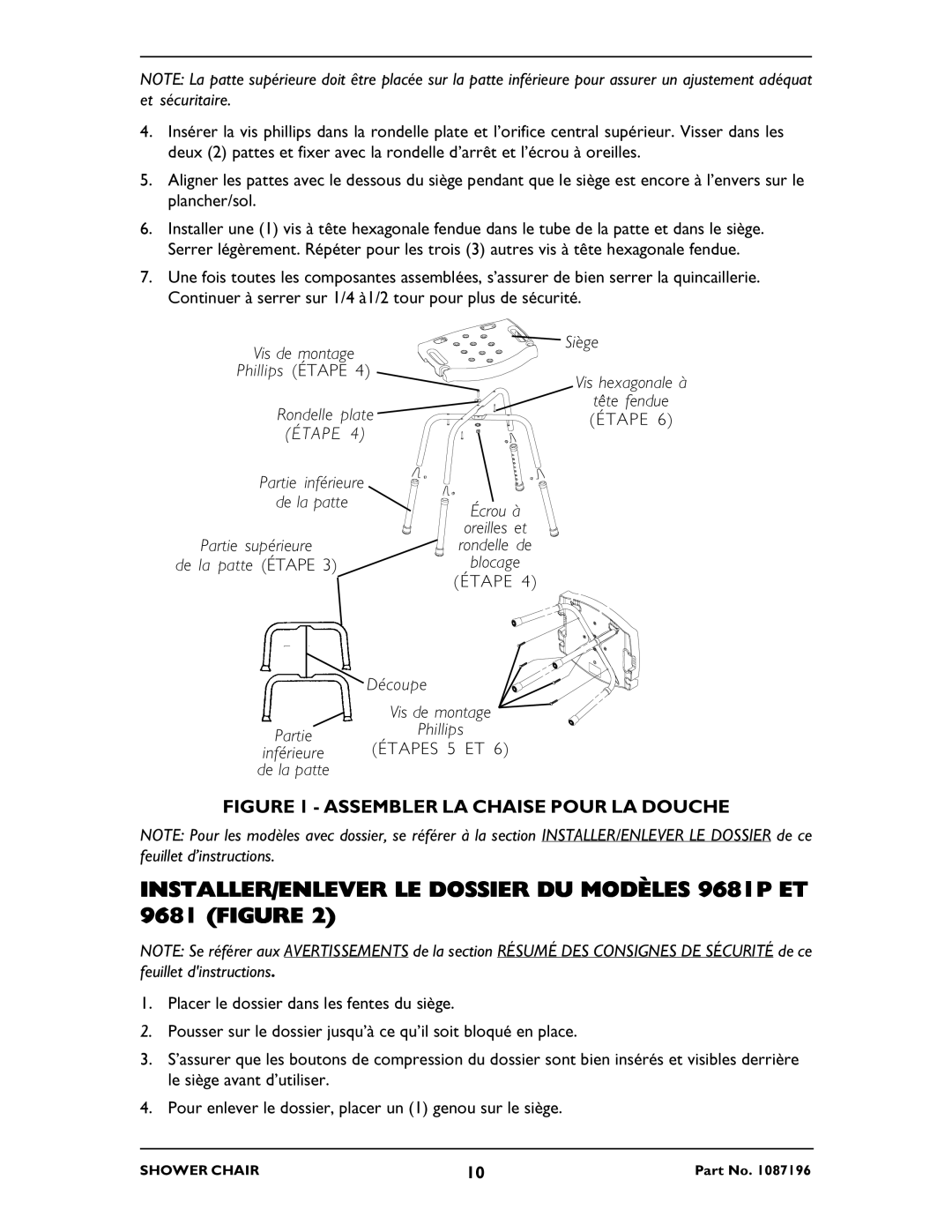 Invacare 9680P operating instructions INSTALLER/ENLEVER LE Dossier DU Modèles 9681P ET 9681 Figure 