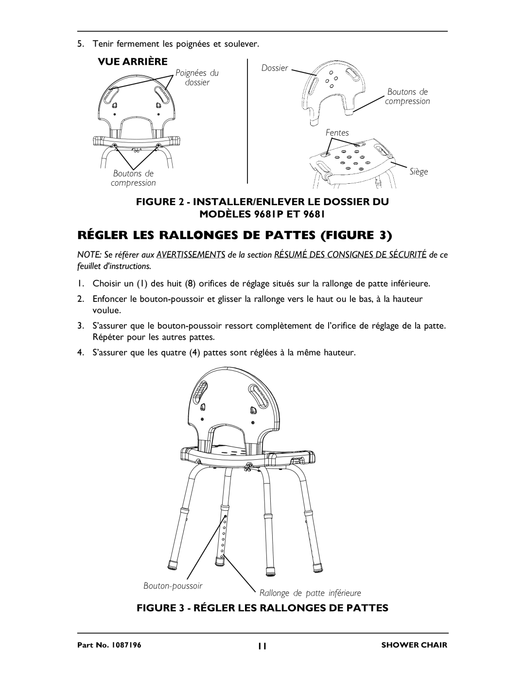 Invacare 9680P, 9681P operating instructions Régler LES Rallonges DE Pattes Figure, INSTALLER/ENLEVER LE Dossier DU 