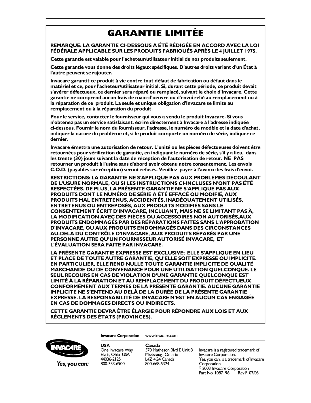 Invacare 9681P, 9680P operating instructions Garantie Limitée, Canada 