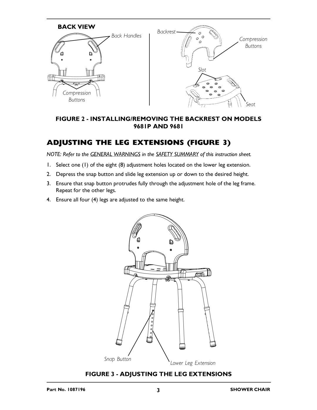 Invacare 9680P, 9681P Adjusting the LEG Extensions Figure, INSTALLING/REMOVING the Backrest on Models 