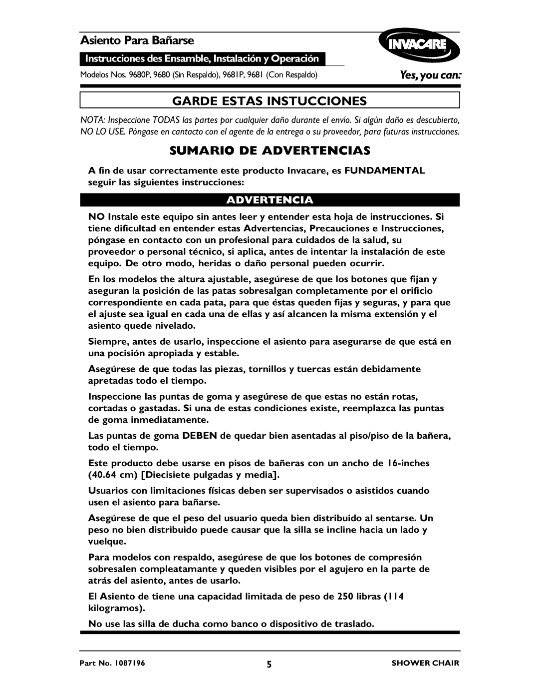 Invacare 9681P, 9680P operating instructions Asiento Para Bañarse, Garde Estas Instucciones, Sumario DE Advertencias 