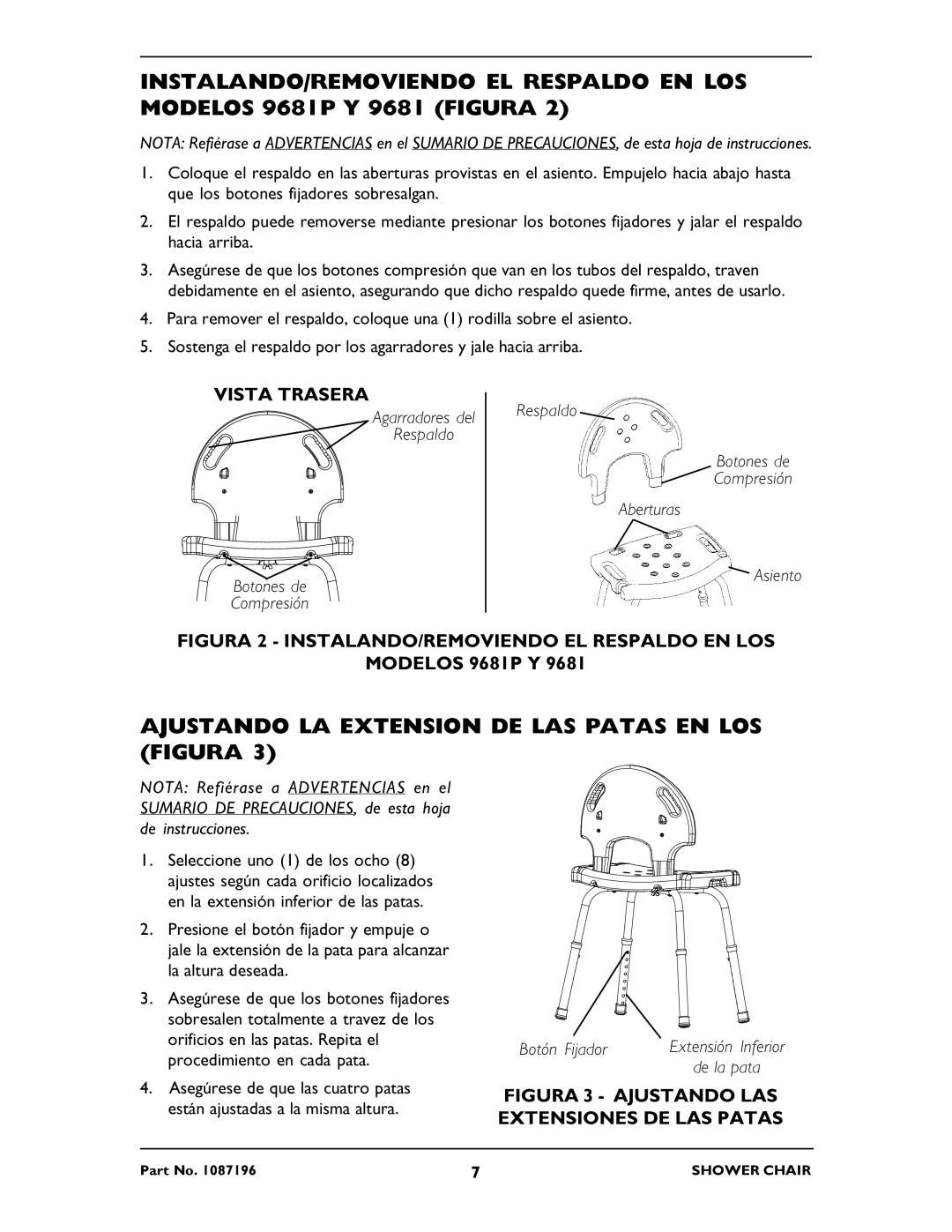 Invacare 9680P, 9681P operating instructions Ajustando LA Extension DE LAS Patas EN LOS Figura, Vista Trasera 