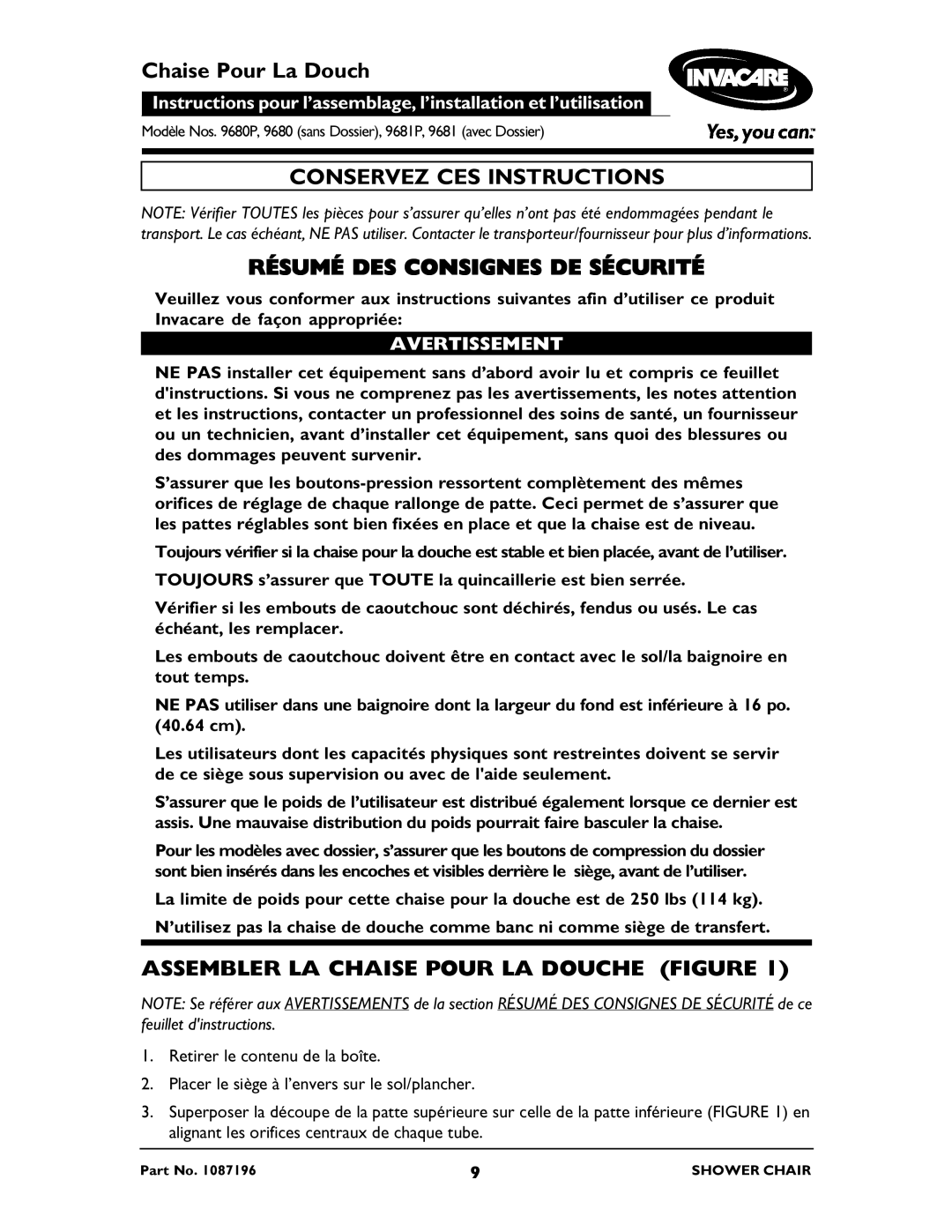 Invacare 9681P, 9680 Chaise Pour La Douch, Conservez CES Instructions Résumé DES Consignes DE Sécurité, Avertissement 