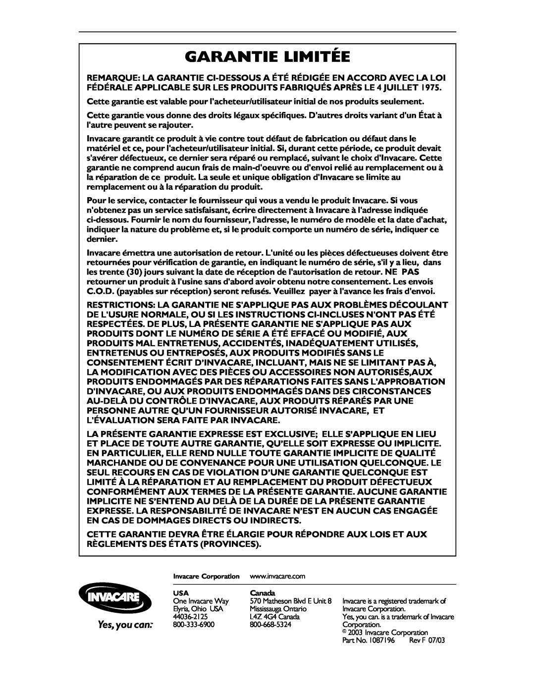 Invacare 9681P, 9680P operating instructions Garantie Limitée, Canada 