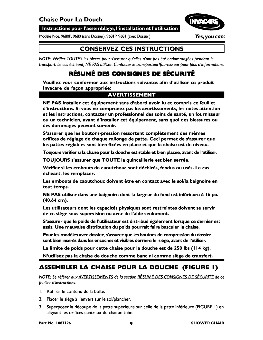 Invacare 9681P, 9680 Chaise Pour La Douch, Conservez Ces Instructions, Résumé Des Consignes De Sécurité, Avertissement 