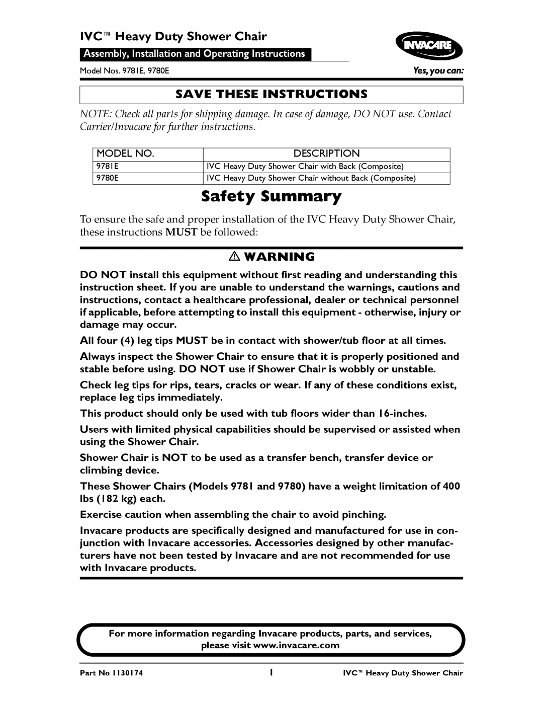 Invacare 9781E, 9780E instruction sheet Safety Summary, IVCHeavy Duty Shower Chair, Model no Description 