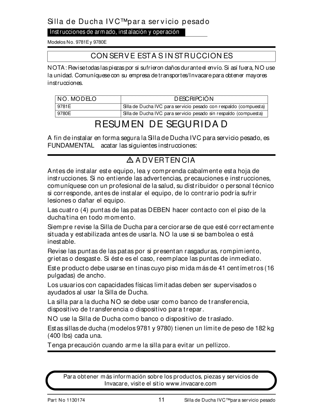 Invacare 9781E Silla de Ducha IVCpara servicio pesado, Conserve Estas Instrucciones, Advertencia, NO. Modelo Descripción 