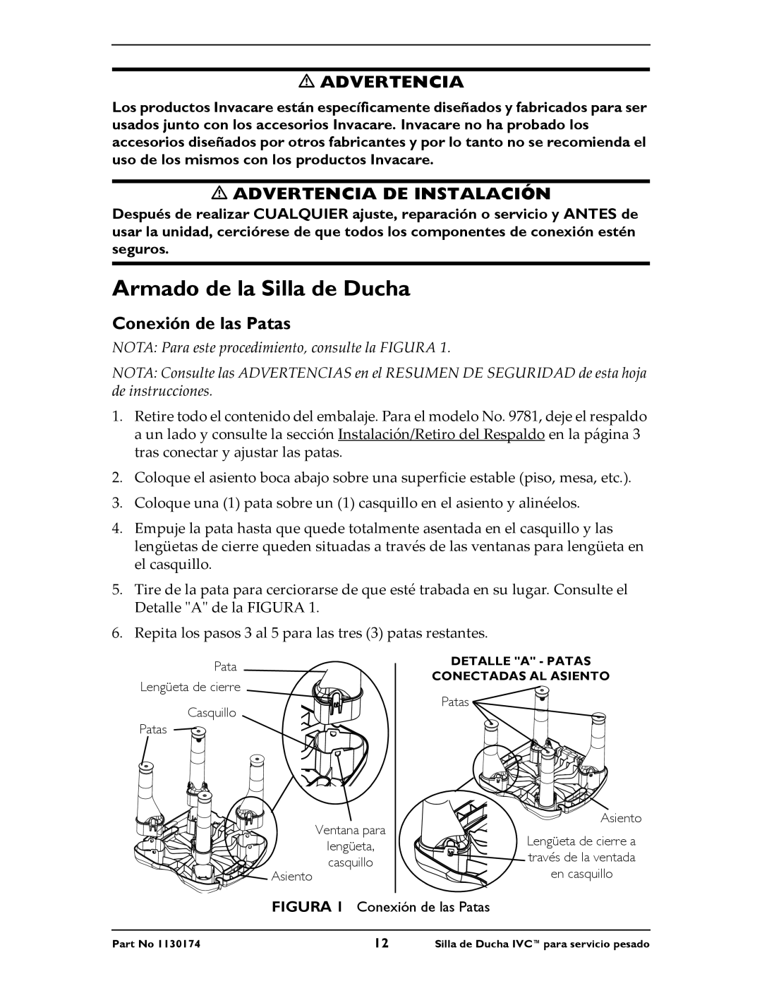 Invacare 9780E, 9781E instruction sheet Armado de la Silla de Ducha, Advertencia DE Instalación, Conexión de las Patas 