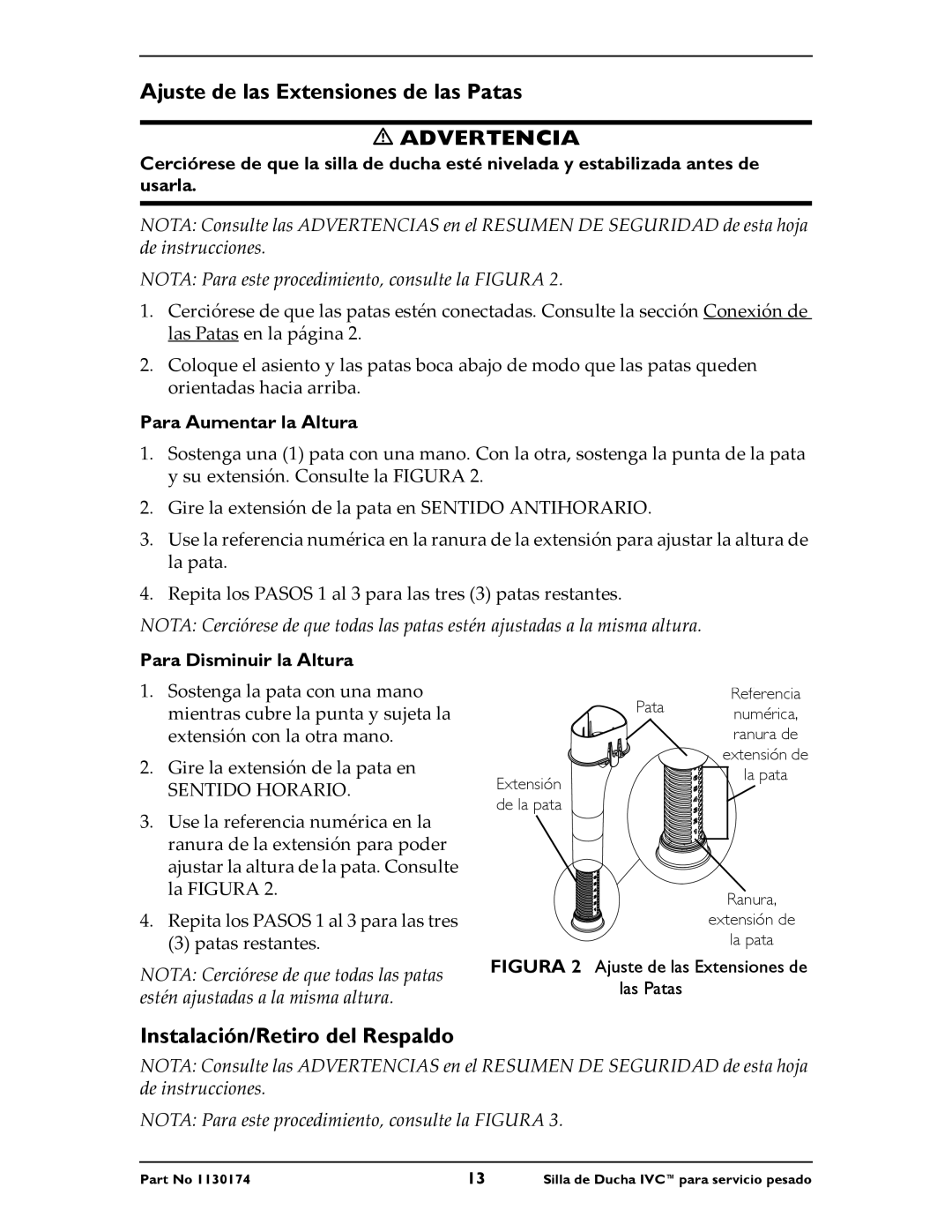 Invacare 9781E, 9780E Ajuste de las Extensiones de las Patas, Instalación/Retiro del Respaldo, Para Aumentar la Altura 