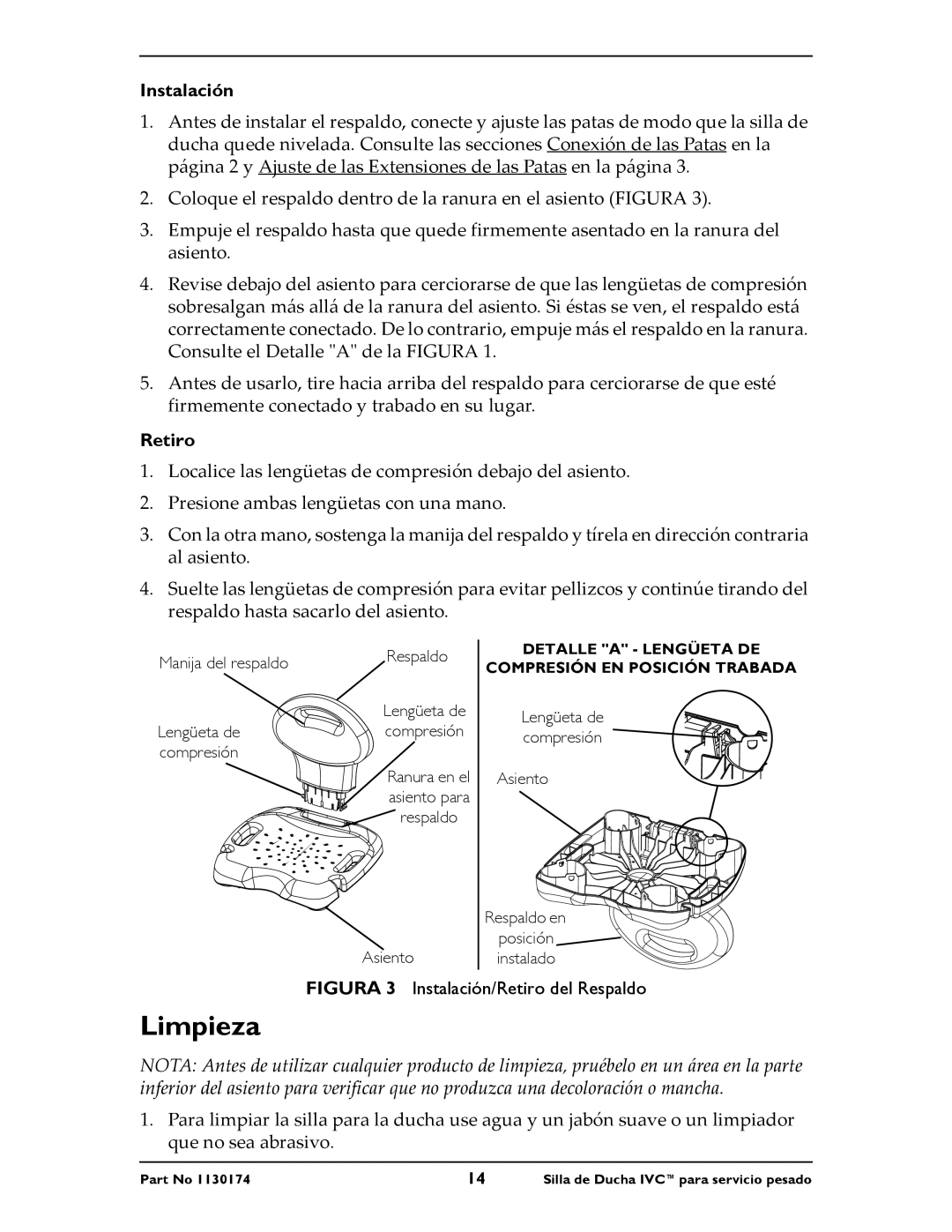 Invacare 9780E, 9781E instruction sheet Limpieza, Instalación, Retiro 