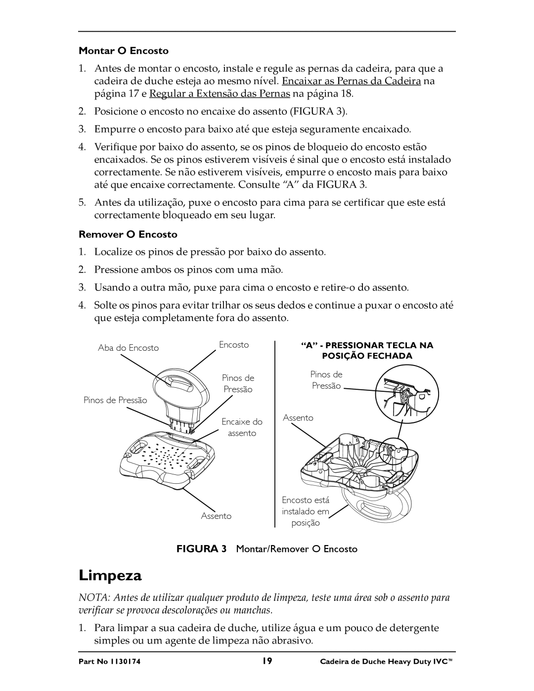 Invacare 9781E, 9780E instruction sheet Limpeza, Montar O Encosto, Remover O Encosto 