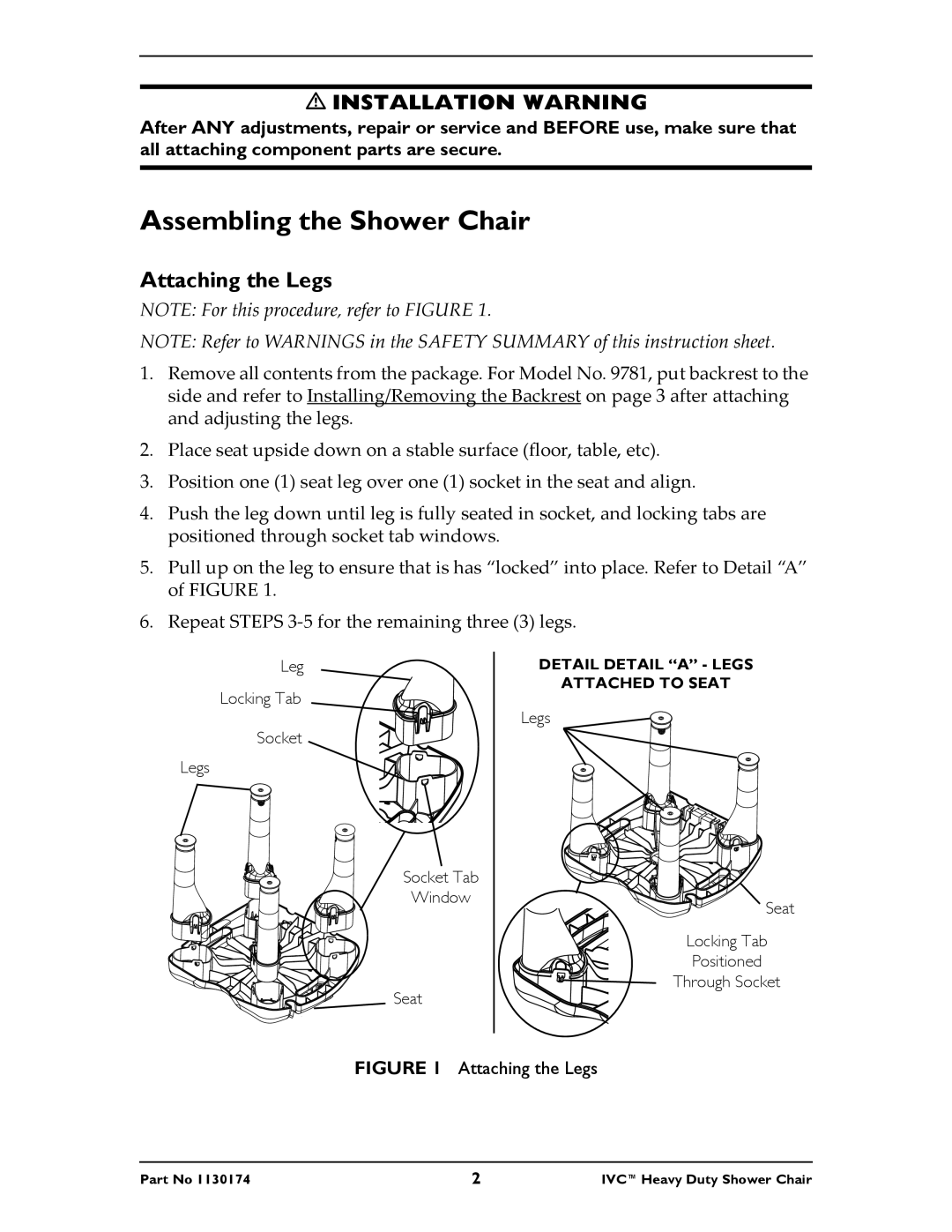 Invacare 9780E, 9781E instruction sheet Assembling the Shower Chair, Installation Warning, Attaching the Legs 