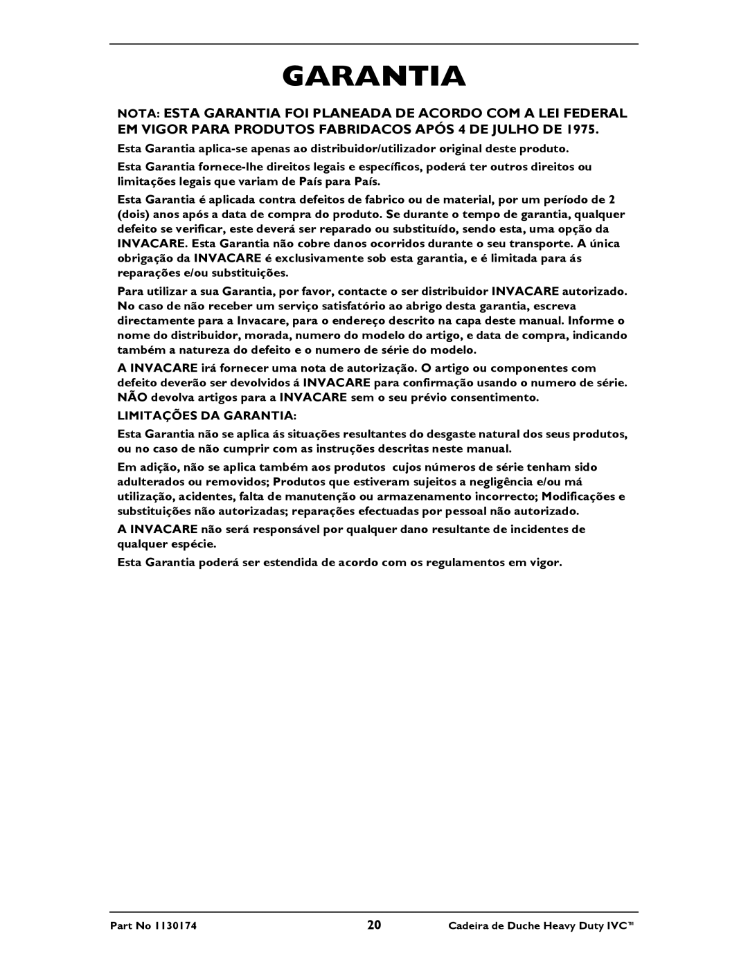 Invacare 9780E, 9781E instruction sheet Limitações DA Garantia 