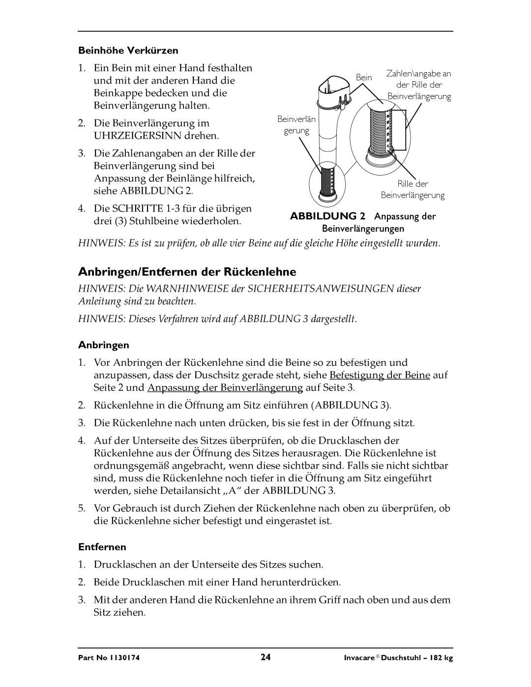 Invacare 9780E, 9781E instruction sheet Anbringen/Entfernen der Rückenlehne, Beinhöhe Verkürzen 