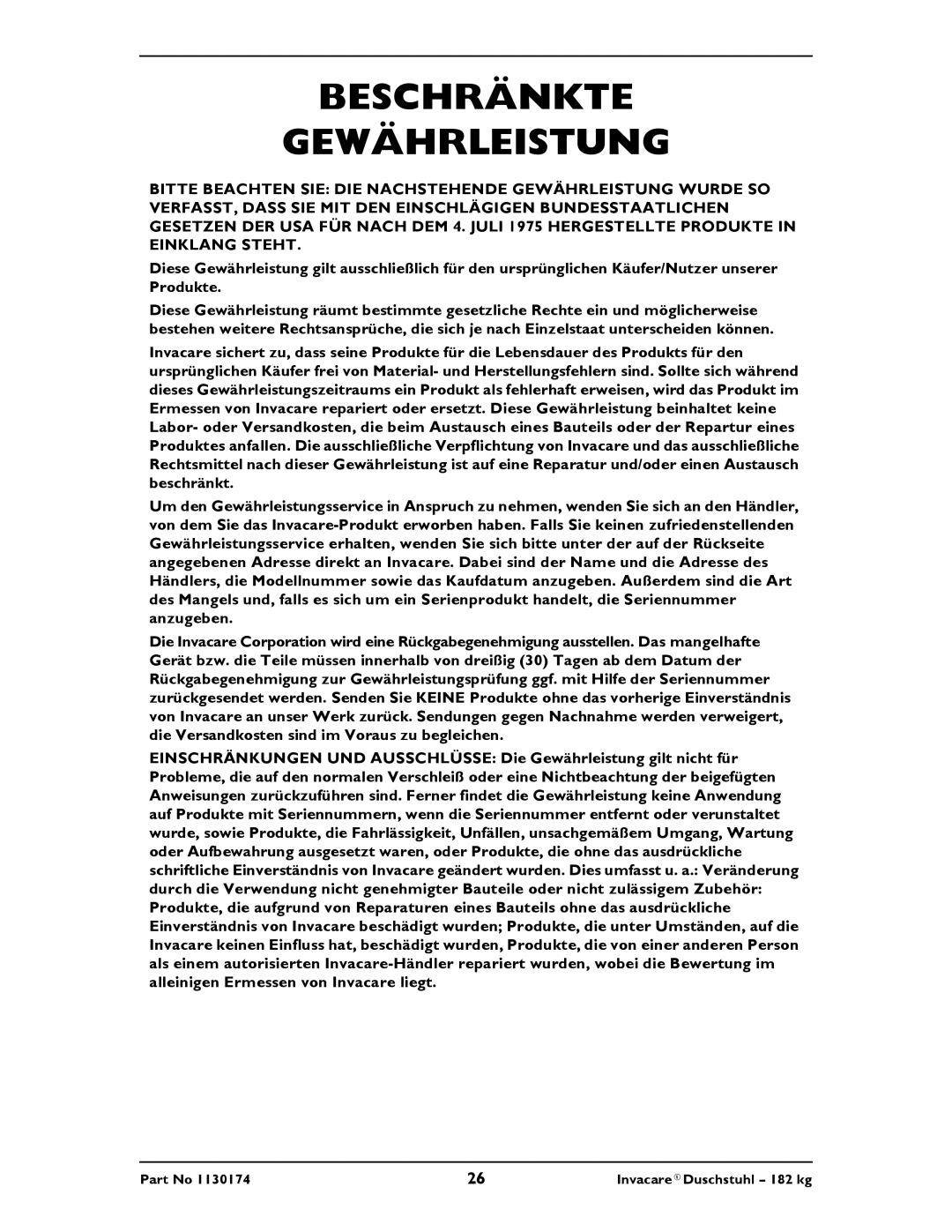 Invacare 9780E, 9781E instruction sheet Beschränkte Gewährleistung 