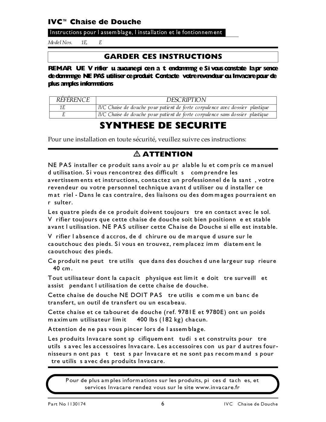 Invacare 9780E, 9781E instruction sheet IVCChaise de Douche, Garder CES Instructions, Référence Description 