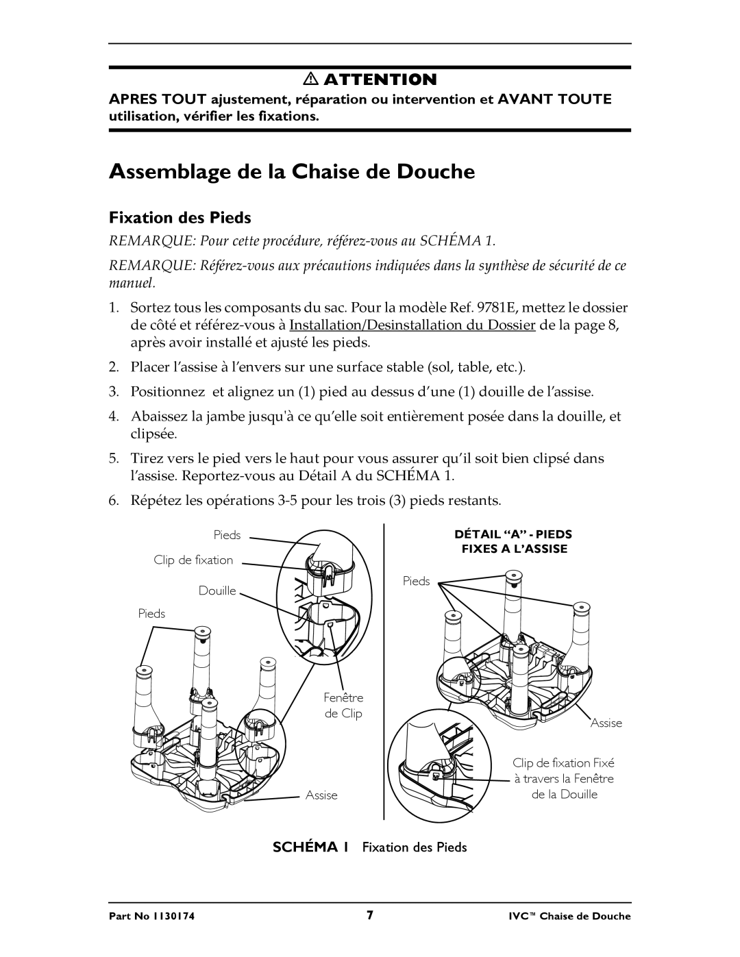 Invacare 9781E, 9780E instruction sheet Assemblage de la Chaise de Douche, Fixation des Pieds 