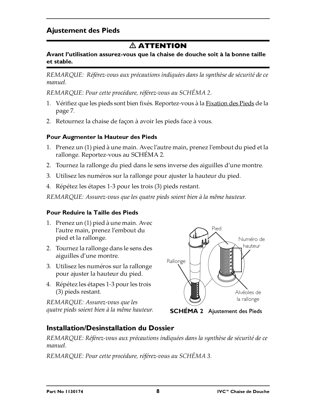 Invacare 9780E, 9781E Ajustement des Pieds, Installation/Desinstallation du Dossier, Pour Augmenter la Hauteur des Pieds 