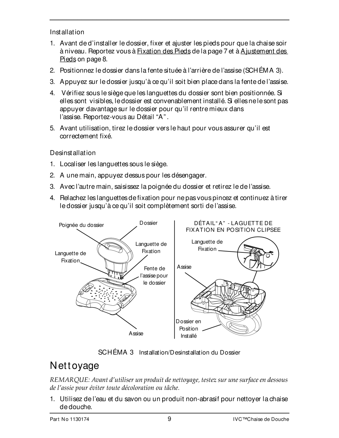 Invacare 9781E, 9780E instruction sheet Nettoyage, Installation, Desinstallation 