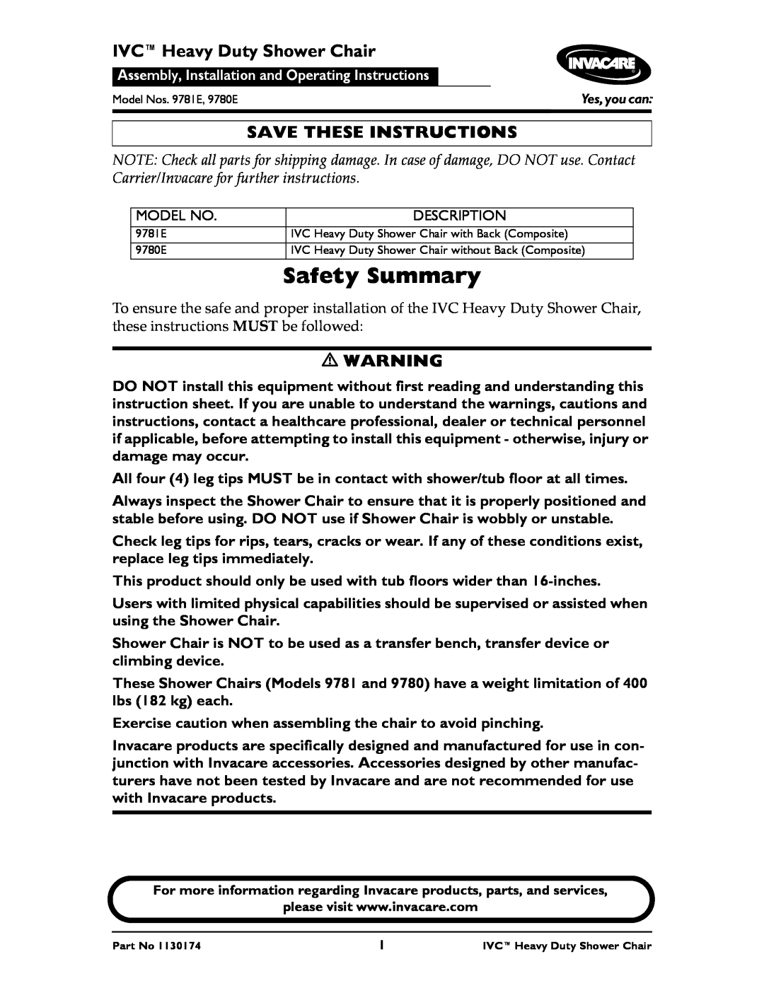 Invacare 9781E, 9780E instruction sheet Safety Summary, IVCHeavy Duty Shower Chair, Save These Instructions 