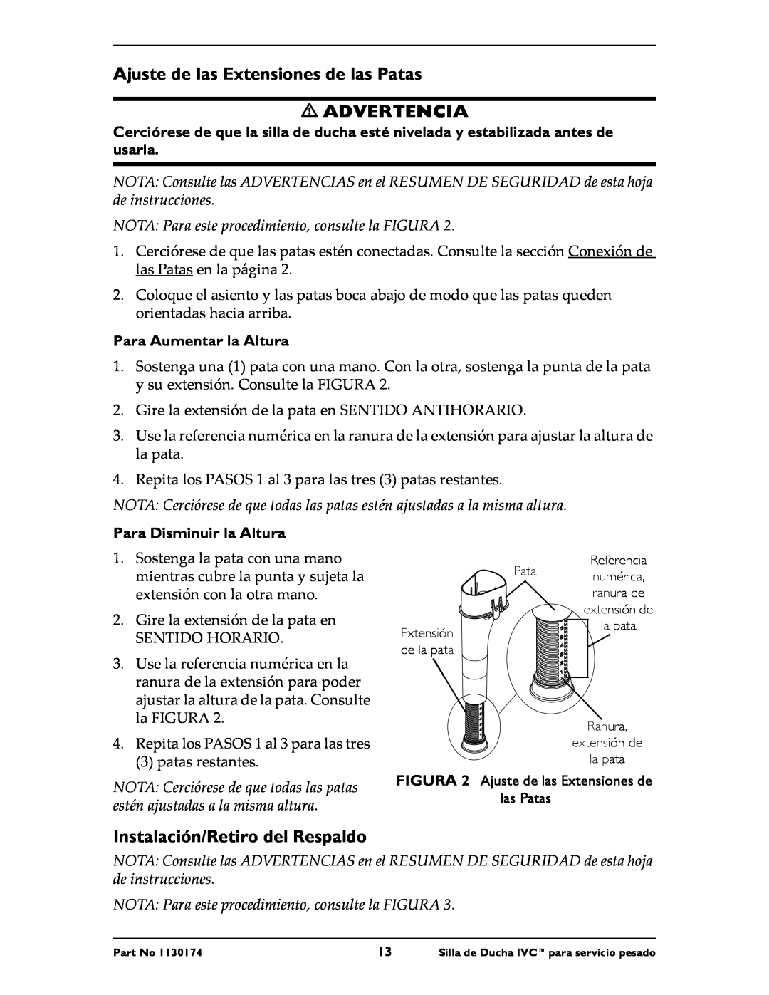Invacare 9781E, 9780E instruction sheet Ajuste de las Extensiones de las Patas, Instalación/Retiro del Respaldo, Advertencia 