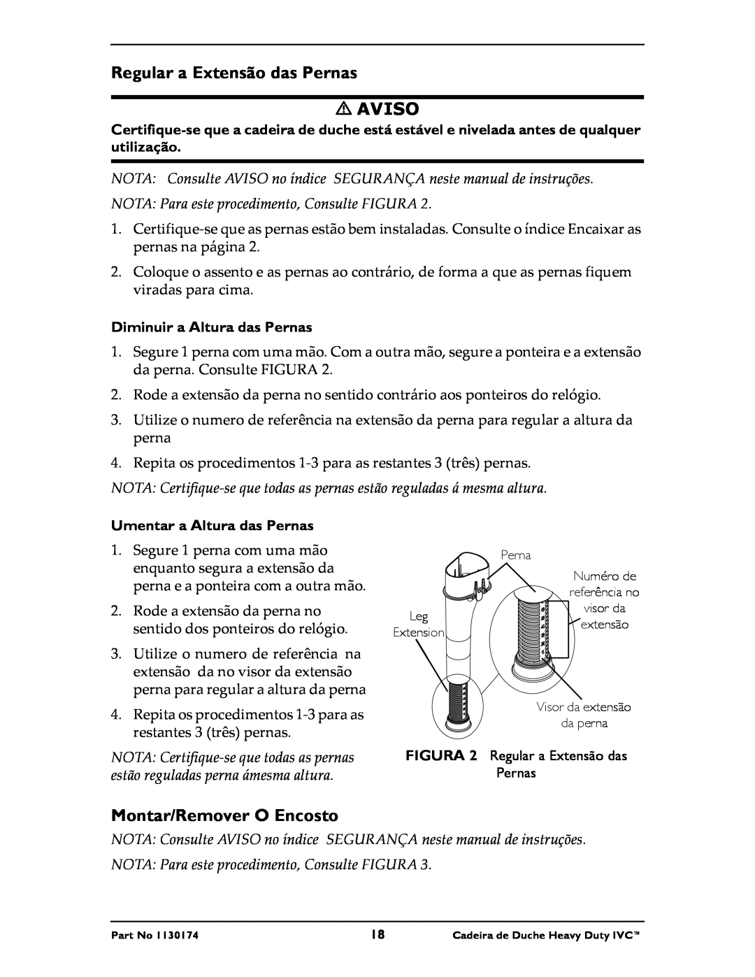 Invacare 9780E, 9781E instruction sheet Regular a Extensão das Pernas, Montar/Remover O Encosto, Aviso 